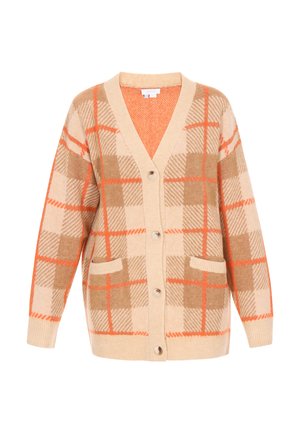 Cardigan beige avec un grand motif à carreaux orange et marron. Doté d'un col en V, de boutons sur le devant et de deux poches avant. Texture douce.