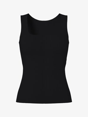 Ermeløs svart tettsittende tanktop med rund hals og en jevn, glatt tekstur.