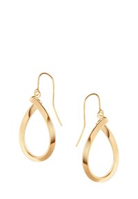 Złote kolczyki w kształcie łezki z polerowanym wykończeniem, o zakrzywionym kształcie i z zapięciem na haczyk dla bezpiecznego noszenia.