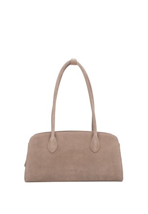 Torebka zamszowa w kolorze taupe z podwójnymi paskami na ramię i zaokrąglonym, prostokątnym kształtem, z subtelnymi detalami przeszyć.