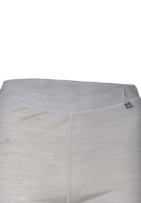 Lys grå leggings med et glat, strækbart stof, en bred talje og en lille blå og gul flagdetalje på siden.