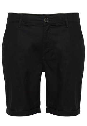 Fekete pamut rövidnadrág, felgöngyölt szegéllyel, gombos záródással és varrott díszítéssel az elején és a zsebeknél.