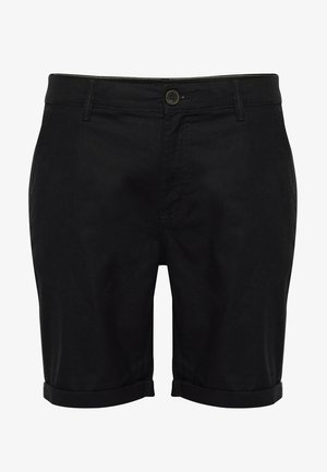 Fekete pamut rövidnadrág, felgöngyölt szegéllyel, gombos záródással és varrott díszítéssel az elején és a zsebeknél.