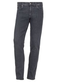 Men's dark gray jeans made of denim, featuring a straight leg cut, five pockets, and a button closure with contrasting stitching.