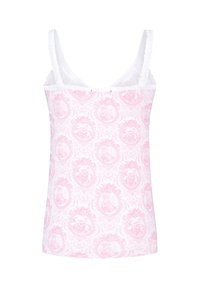 Rosa ärmelloses Top mit weißen Rüschenträgern. Verfügt über ein kompliziertes Muster aus ovalen Rahmen und malerischen Designs auf einem strukturierten Hintergrund.