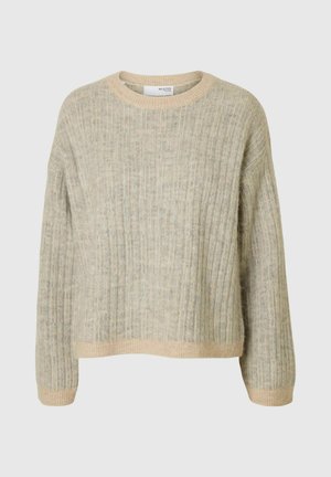 Beige and light gray ribbed knit sweater with long sleeves, crew neck, and a slightly cropped fit.