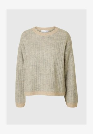 Beige en lichtgrijs geribbeld gebreid sweater met lange mouwen, ronde hals en een iets cropped pasvorm.