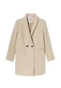 Manteau beige à double boutonnage, texture semblable à de la laine, col cranté, deux poches avant, et boutons foncés, conçu avec une coupe ajustée.