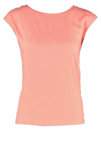 Top femme corail à manches courtes avec un col rond, montré de dos sur fond blanc.