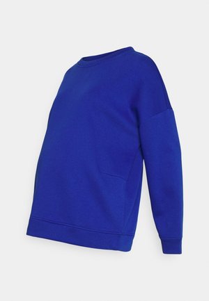 Blaues Umstandssweatshirt aus weichem Stoff, mit rundem Hals, lässiger Passform und langen Ärmeln sowie einer Seitentasche.