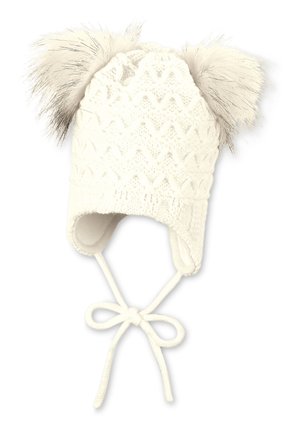 White knitted hat with ear flaps, featuring textured zigzag patterns and faux fur pom-poms on top, tied under the chin with two loops.