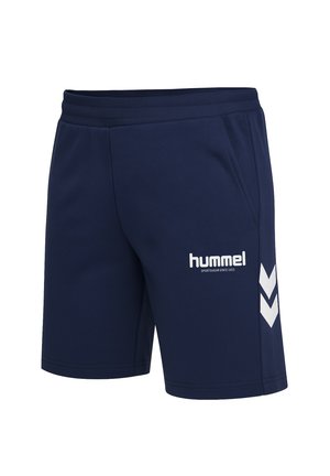 Mörkblå sportshorts med elastisk midja, sidofickor, vitt hummel-logga och två vita chevrons på sidan.
