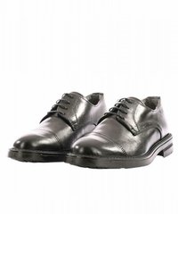 Scarpe da uomo in pelle nera con finitura lucida, punta rotonda, design con lacci e dettagli di cucitura a contrasto sulla tomaia.
