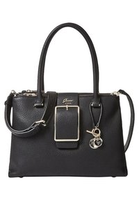 Bolso de cuero negro con acabado texturizado, doble asa, correa de hombro desmontable, detalle de hebilla grande y adornos de llavero.