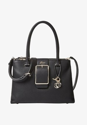 Sac à main en cuir noir à finition texturée, doté de deux poignées, d'une bandoulière amovible, d'une grande boucle décorative et d'accents porte-clés.