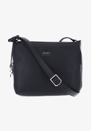 Black crossbody bag made of smooth leather, featuring a zip closure, adjustable strap, and a small metal logo detail.