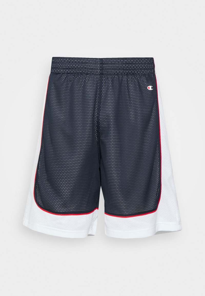 Dark navy and white mesh athletic shorts with red accents and side panels. Features elastic waistband and loose fit design.