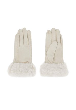 Guanti beige realizzati in morbido materiale con polsini in favore peloso, caratterizzati da una superficie liscia e da cuciture dettagliate lungo le cuciture.