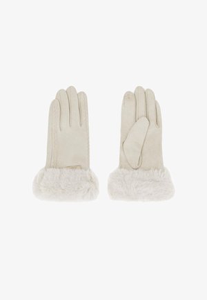 Guanti beige realizzati in morbido materiale con polsini in favore peloso, caratterizzati da una superficie liscia e da cuciture dettagliate lungo le cuciture.