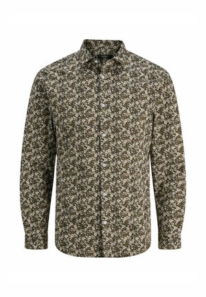 Cămașă căptușită maronie cu un model floral accentuat cu alb și verde. Mâneci lungi, guler clasic și croială standard.