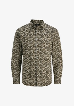 Smeđa košulja na gumb s cvjetnim uzorkom u bijelim i zelenim nijansama. Dugi rukavi, klasični ovratnik i standardni kroj.