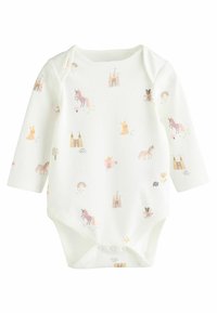 Bodysuit pour bébé à manches longues blanc avec un imprimé pastel comportant des licornes, des châteaux, des lapins et des arcs-en-ciel. Fermetures à pression en bas.