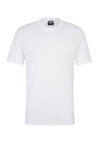 T-shirt bianco in cotone con maniche corte, scollatura rotonda e una texture semplice e liscia. Nessun motivo o grafica presente.