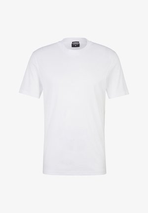 Weißes Baumwoll-T-Shirt mit kurzen Ärmeln, rundem Ausschnitt und einer einfachen, glatten Textur. Keine Muster oder Grafiken vorhanden.