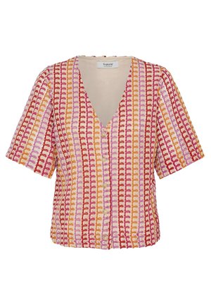 Blouse met korte mouwen en knoopjes, met verticale meerkleurige strepen in rood, roze, oranje en crème, voorzien van een V-hals en een gestructureerd gebreid patroon.