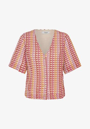 Blouse à manches courtes à boutons avec rayures verticales multicolores en rouge, rose, orange et crème, dotée d'un col en V et d'un motif en maille texturé.