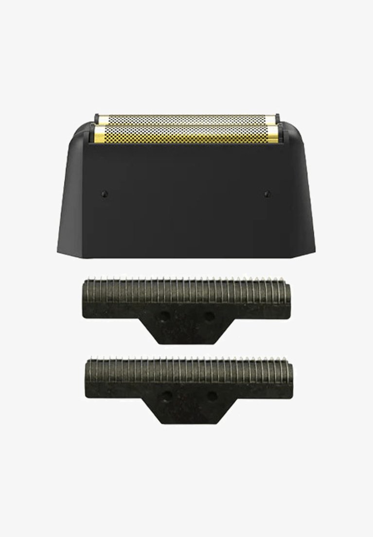Black electric shaver head with gold mesh grid on top, accompanied by two black comb attachments featuring ridged texture.