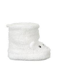 Weiße, flauschige Stiefel-Pantoffeln aus weichem, strukturiertem Fleece mit abgerundetem Oberteil, versehen mit kleinen Ohren und gestickten Augen zur Detailverzierung.