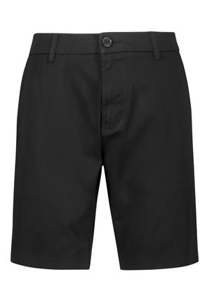 Juodos šortai, pagaminti iš tvirtos medžiagos, su sagtimi, plokščiu priekiu ir standardiniu įdėjimu su tiesiais kraštais.