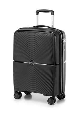 Black hard-shell suitcase with wavy texture, dual zippers, retractable handle, and four wheels for mobility. Features logo on front.