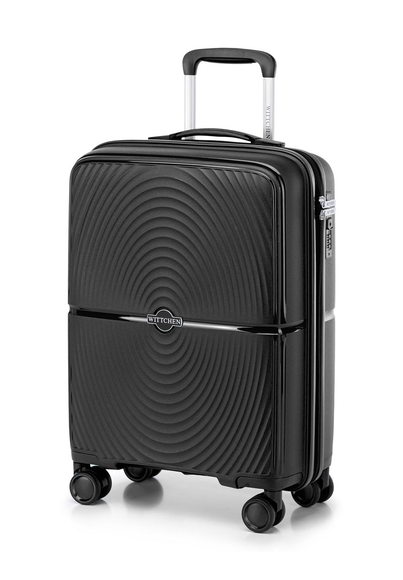 Black hard-shell suitcase with wavy texture, dual zippers, retractable handle, and four wheels for mobility. Features logo on front.