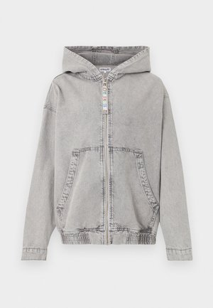 Hellgraue Kapuzenjacke mit Reißverschluss, Fronttaschen, elastischem Bund und einem Reißverschluss-Ziehgriff mit mehrfarbigen Buchstaben „STIEGLITZ“.