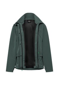 Wasserabweisende grüne Jacke mit Karomuster, Reißverschluss und Druckknöpfen, verstellbarer Kapuze und Mesh-Futter. Verfügt über Seitentaschen.