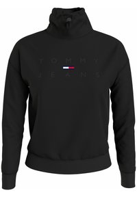 Sudadera negra de cuello alto hecha de un tejido suave, con un logotipo frontal en letras negritas y un pequeño acento de logotipo multicolor.