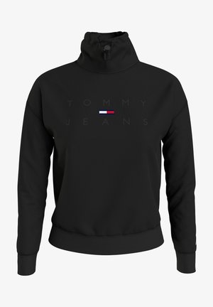 Zwarte sweatshirt met hoge kraag van zachte stof, met een grote voorlogo in vetgedrukte letters en een klein kleurrijk logo-accent.