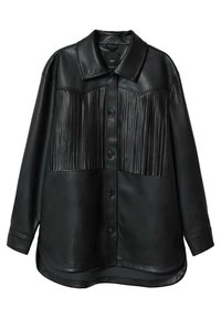 Giacca camicia in pelle nera con dettagli frangiati sul davanti, caratterizzata da un colletto, chiusura con bottoni e maniche lunghe. Texture liscia.