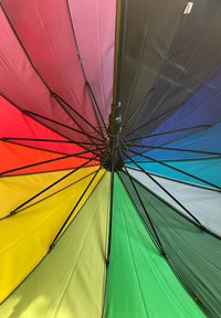 Regenschirm mit einem mehrfarbigen Schirmdach, das rote, orange, gelbe, grüne, blaue und schwarze Segmente aufweist, stützt sich auf ein schwarzes Metallgestell.