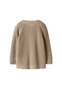 Beige stickad tröja med texturerad yta, rundad halsringning och ribbade muddar och nederkant. Har raglanärmar för en avslappnad passform.
