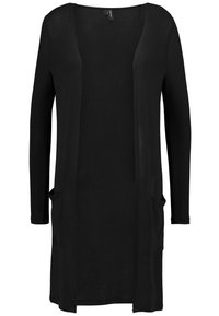Black cardigan made of lightweight fabric, featuring long sleeves, an open front, and two front pockets. Simple, straight-cut design.