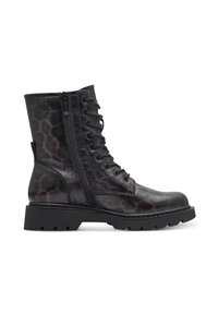 Black and brown animal print lace-up boots with a textured finish, side zipper, and a chunky black sole featuring a jagged pattern.