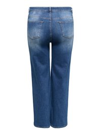 Jeans de mezclilla azul con bolsillos traseros, piernas rectas y detalles descoloridos alrededor de la zona del asiento y la parte superior de los muslos.