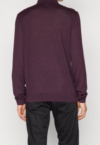 Längsärmliges Polo in Mauve aus leichtem Stoff mit geripptem Kragen und Bündchen, das einen lockeren Schnitt und eine subtile Textur aufweist.