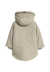 Parka beige con maniche, dotata di cappuccio rimovibile con bordo in pelliccia, orlo arrotondato e polsini a coste, progettata per offrire calore e comfort in climi freddi.