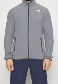 Grå fleecejacka från The North Face med hög krage, framdragkedja och två sidofickor. Slät textur och figursydd design.