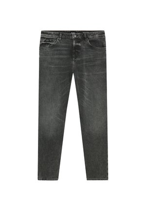 Verblasste schwarze Denim-Jeans mit geradem Bein, ausgestattet mit einem Reißverschluss, fünf Taschen und dezenten Nähdetails.