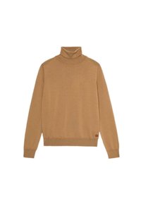 Maglione a collo alto marrone realizzato in tessuto a maglia. Presenta maniche lunghe, polsini e orlo a coste, e un piccolo etichetta del marchio nella parte inferiore sinistra.